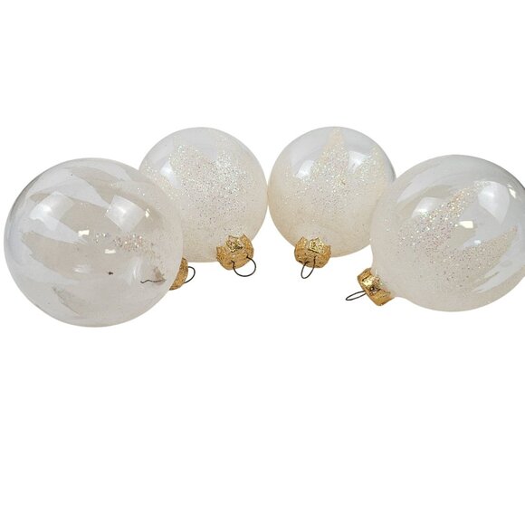 Vintage Christmas Ornaments Clear Glass White Glitter Accents Gold Crown - Picture 7 of 8